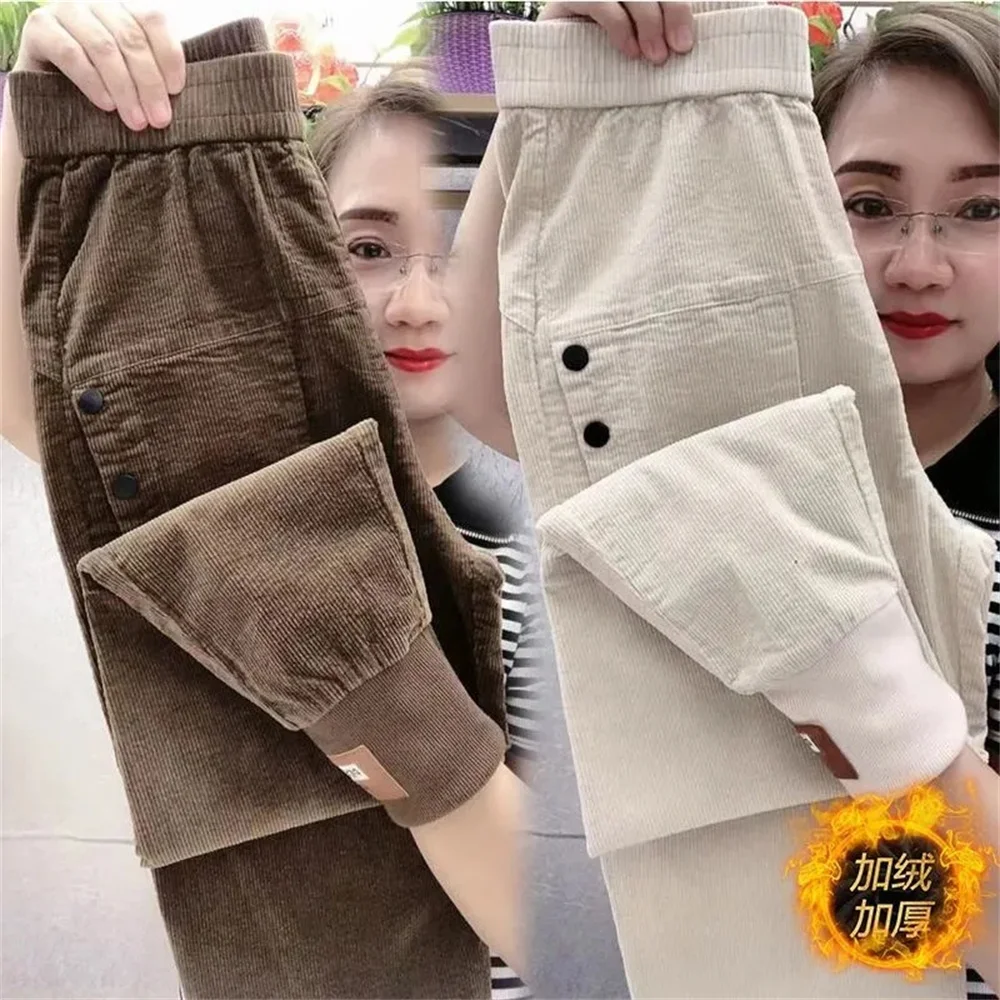 Women's Pants Plus Velvet Padded new Corduroy Pants in Autumn and Winter Women's Simple Casual Striped Feet Joker Harun Pants