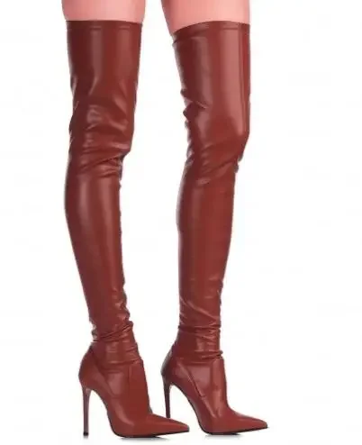 Fall New Woman Brown Burgundy Black Matte Leather Pointed Toe Thin Heels Slim Over The Knee Thigh Boots Stretch Long Boots Shoes