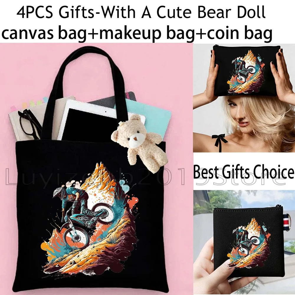 4PCS Cute Biker Gifts Mountain Sports Cycling Riding Canvas Tote Bag Handbag,Cosmetic Makeup Bag,Coin Purse Wallet Zipper Pouch