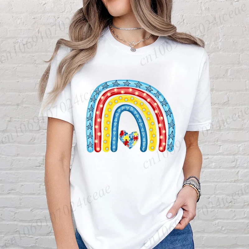 Autism Rainbow Awareness T-Shirt for Women Clothing Be Kind Printed T-Shirts Short Sleeve Tees Autism Support Squad Tshirt Tops