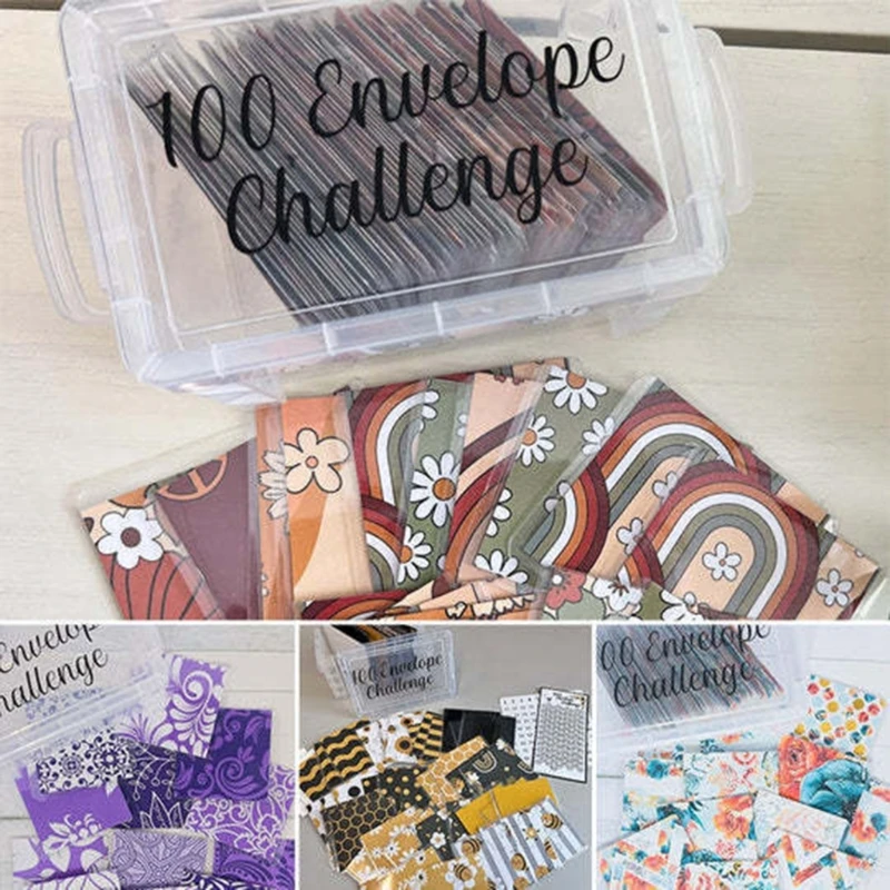 100 Money Saving Envelope Challenge Kits with 100 Number Stickers and Clear Plastic Storage Box for Budget Organizing