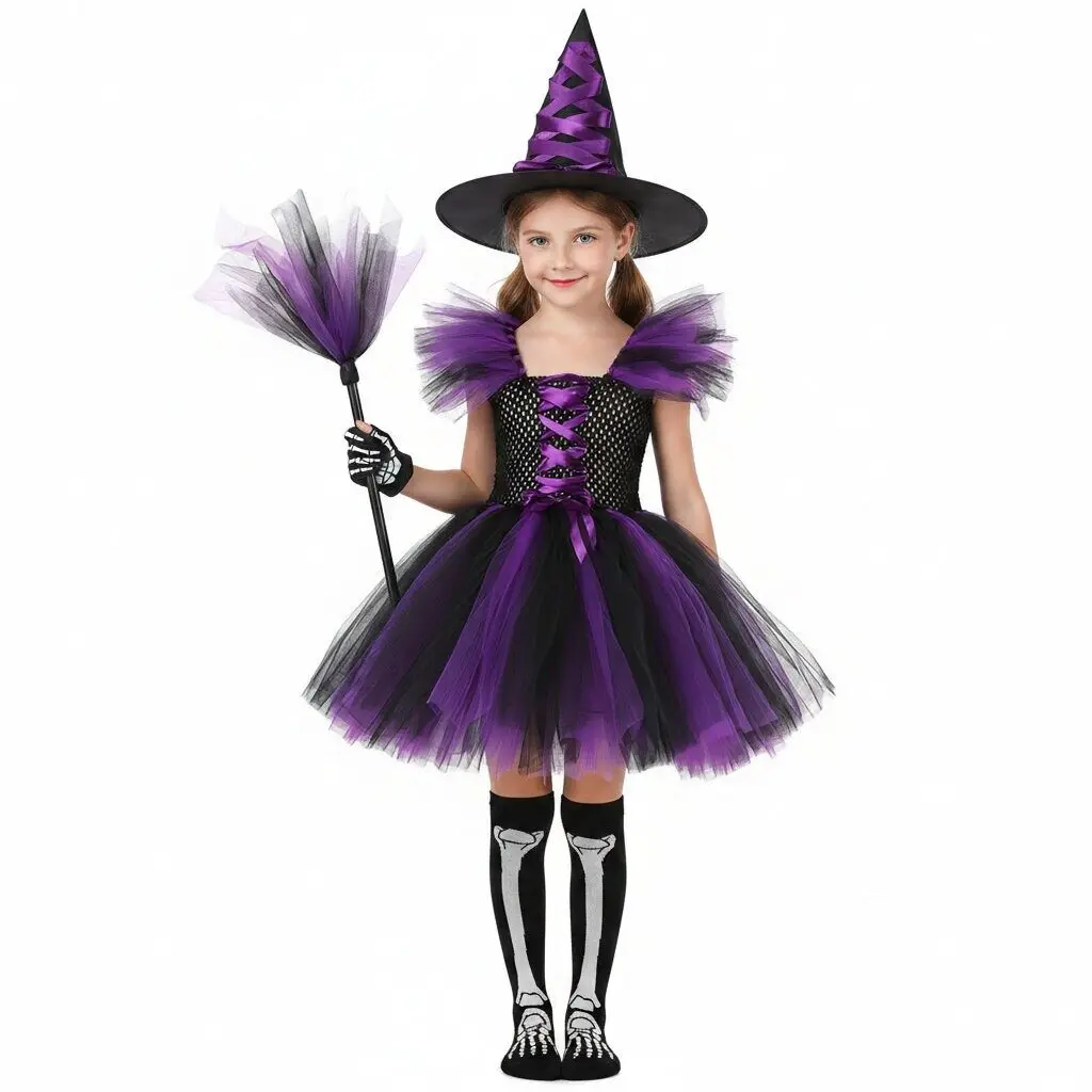 2026 Girls Witch Tutu Dress Halloween Cosplay With Hat Costume Carnival Vestidos Kids Party Cosplay Dress Children Costume image 5