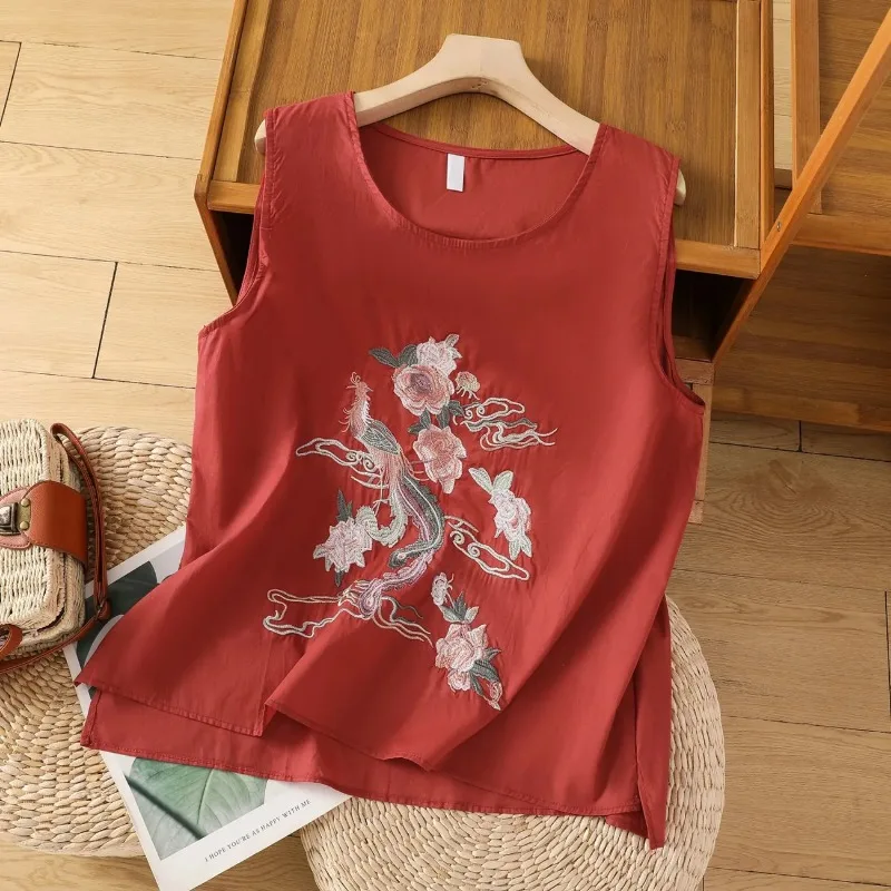Women's Red Sleeveless Round Neck Phoenix & Peony Embroidered Side Slit Top