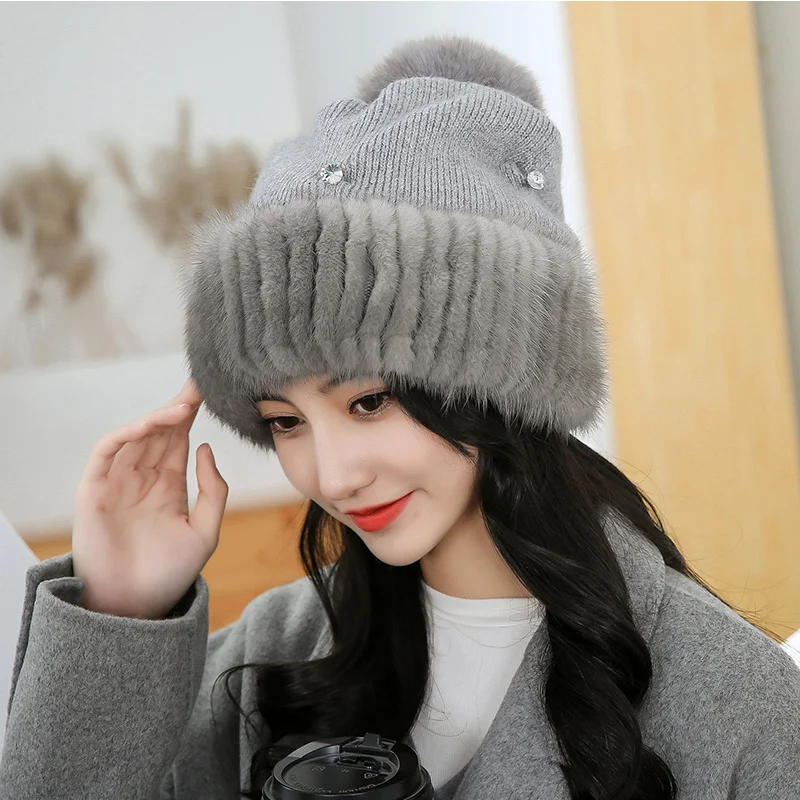 Women's Winter Hat Warm Real Mink Fur Hat Snow Cap Hats For Women Girls Real Fur Knit Skullies Beanies Knitted Fur Hats