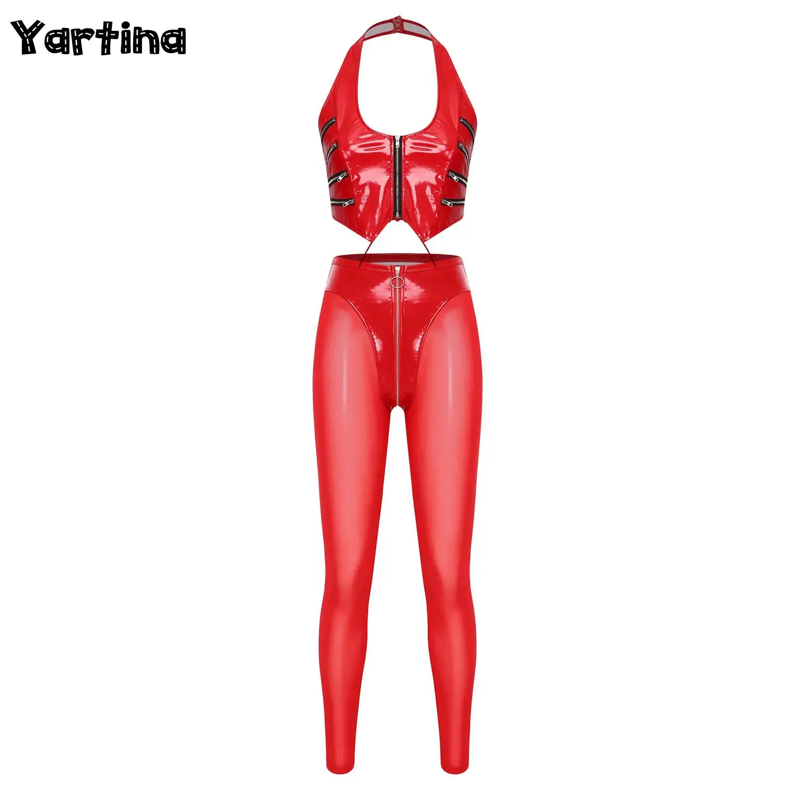 Womens Glossy PU Leather Latex Pants Set Rave Outfit Lace-up Halter Crop Top And Sheer Mesh Legs High Waist Leggings Clubwear