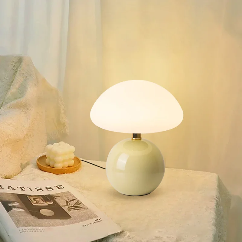 Mushroom Ceramic Table Lamp, Cream Style LED Night Light for Bedroom, Warm Glow Decor Lamp with Eye-Care Soft Glow