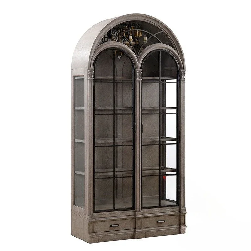 

European retro solid wood wine cabinet display cabinet locker multi-layer arched glass door bookcase home living room against