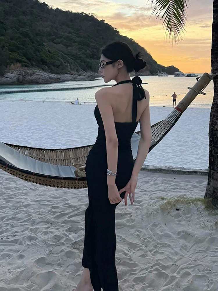 RORORIRI Sexy Cut-out Ribbon Halter Long Dress Women Flower Backless Desire Slim Stretch Bodycon One-piece Retro Holiday Clothes