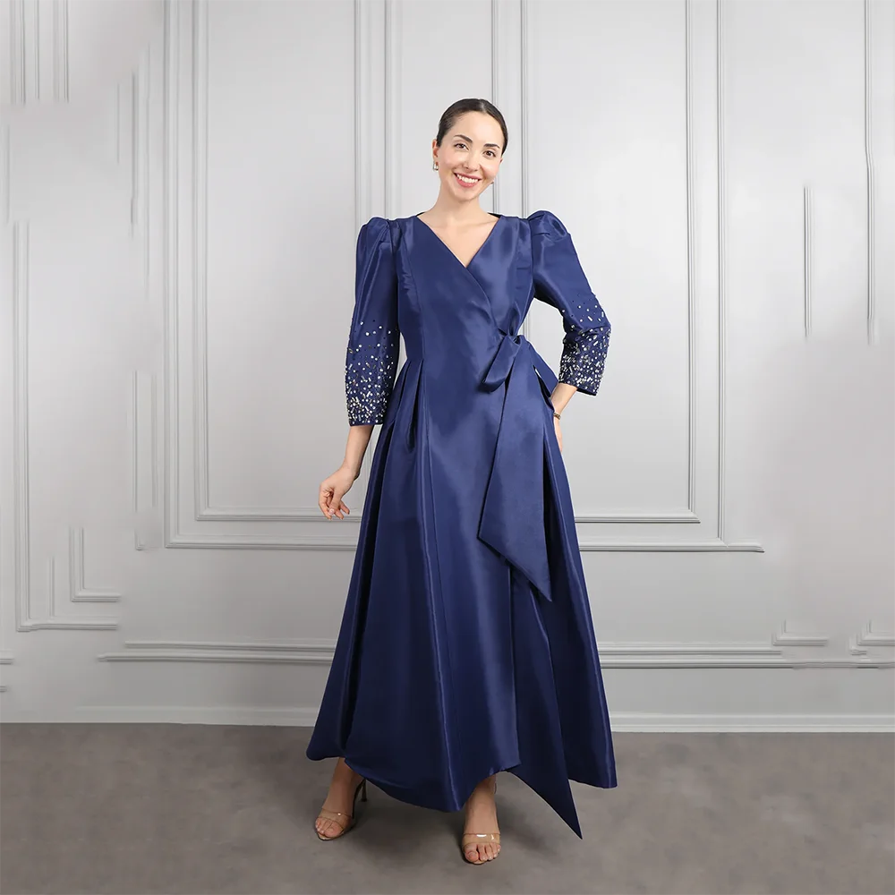 

Customized V-Neck Long Evening Dresses Elegant Formal Occasion Prom Gowns Long Sleeves 2025 Ankle Length Prom Dresses