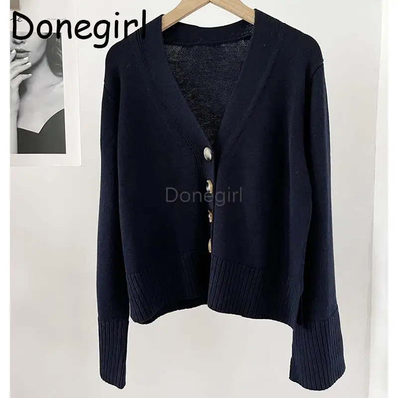 

Donegirl 2023 New Women Autumn Winter Solid V-neck Knitted Sweater Cardigans Simple Casual Commute Coat Female Tops Chic