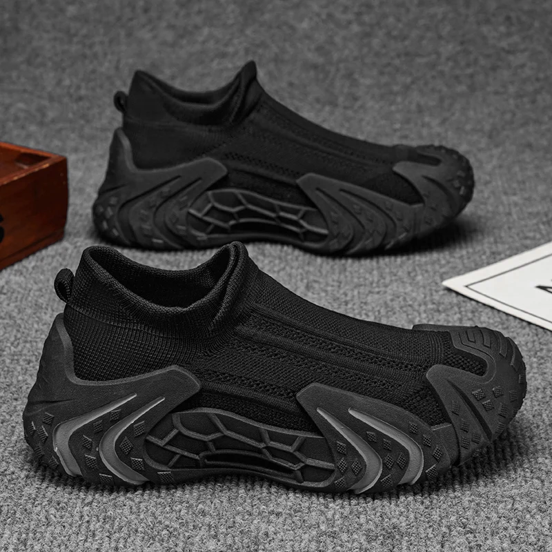 Men Slip-On Knit Sock Sneakers Summer Breathable Loafers Non Slip Rugged Thick Sole Outdoor Trekking Daily Walking Sports Shoes