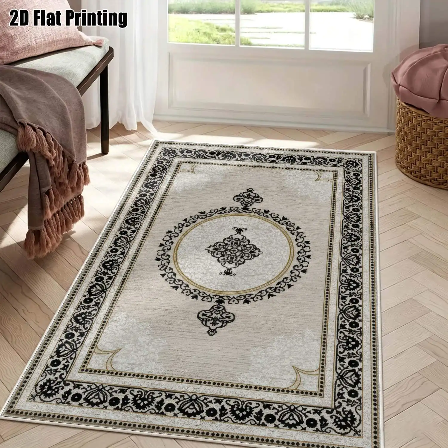 1Pc 2D Printed Beige Black Floral Velvet Carpet, European-Style Home Decor Rug, Multi-Size, Machine Washable, for Entrance, Dining, Foyer, Living Room, Bedroom
