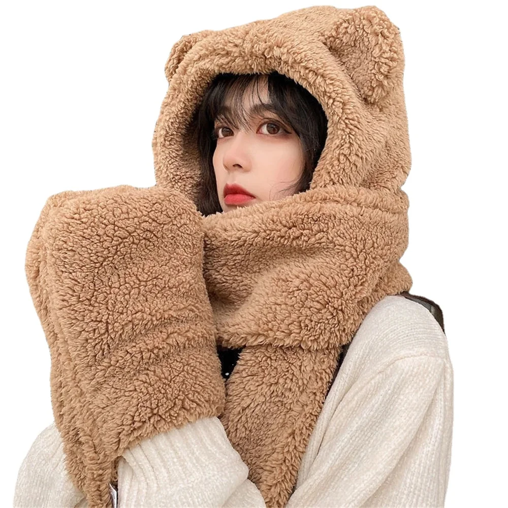 

Plush Bear Ear Balaclava Hat with Scarf Gloves Set Fleece Lined Winter Warm Mask for Women Girls Ski Snow Outdoor
