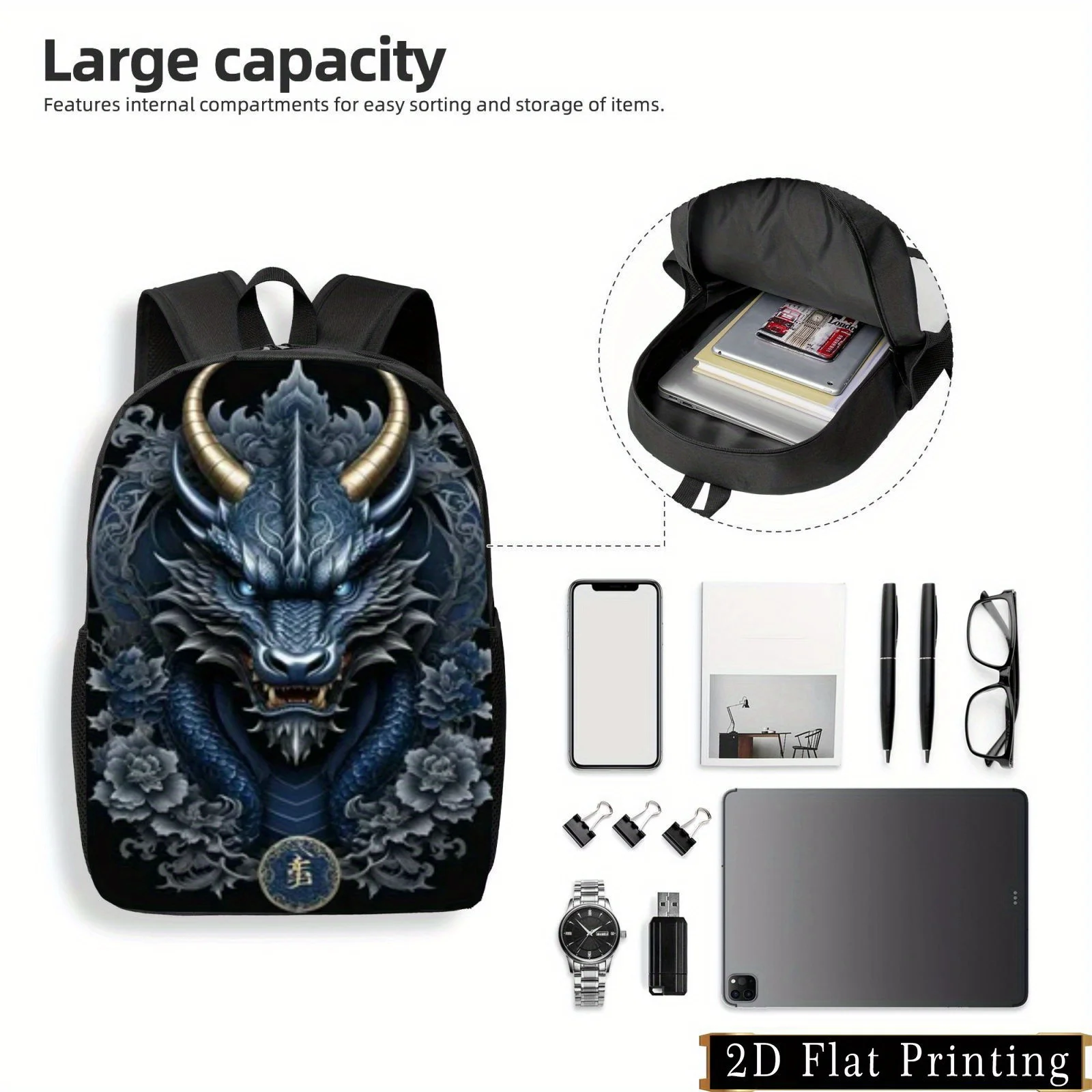 

Stylish Blue Dragon Printed Backpack - Lightweight Large Capacity Unisex School Bag with Adjustable Shoulder Strap, Side