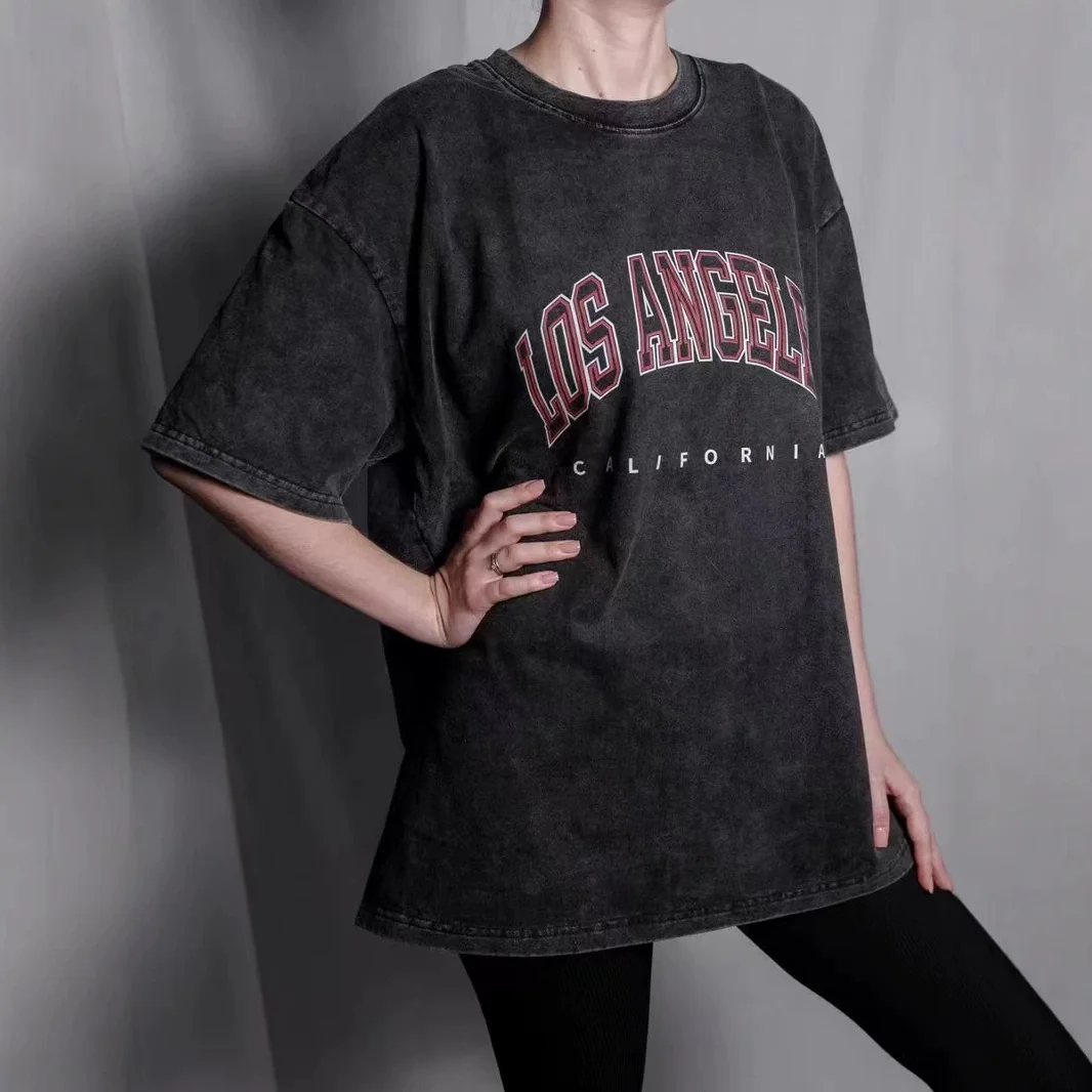 

Women's new short sleeved hip-hop fashion brand retro women's T-shirt plus size loose washed black printed top