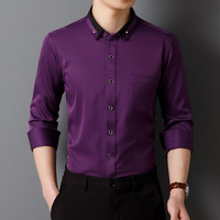 New Men Dress Shirts Long Sleeve Calssic Formal Business Social Solid Color Office Party Slim Fit White-Black-Red-Blue-Purple