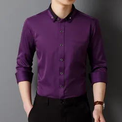 New Men Dress Shirts Long Sleeve Calssic Formal Business Social Solid Color Office Party Slim Fit White-Black-Red-Blue-Purple