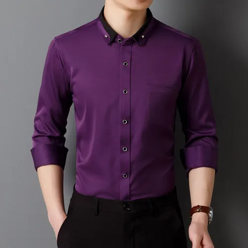 Imagen 1 del producto Nuevas camisas de vestir para hombres de manga larga Calssic Formal Business Social Color sólido Fiesta de oficina Slim Fit Blanco-Negro-Rojo-Azul-Púrpura