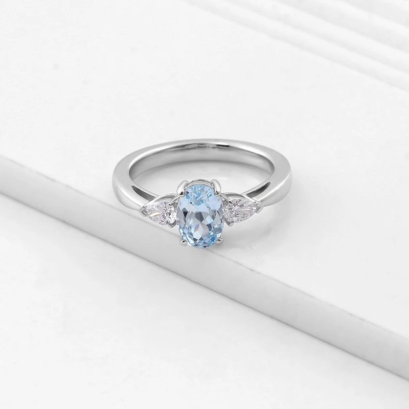 Provence trilogy Wedding Ring 10K Solid Gold blue Oval cut Lab Gemstone DEF/VS Lab Diamonds Side Stone Engagement ring Custom