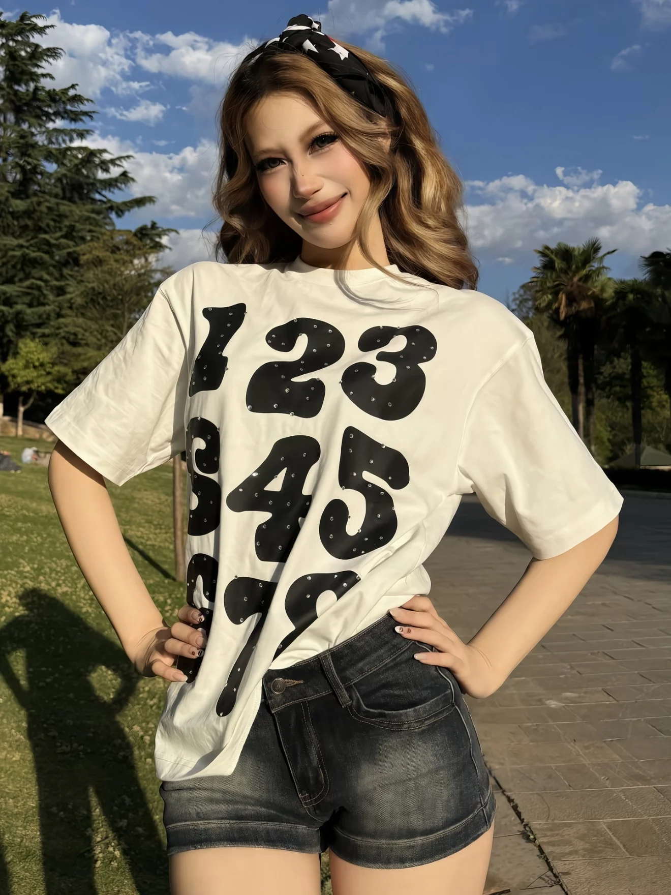 

American Street Style Summer Casual T-Shirt 280g Pure Cotton Basic Short Sleeve Dots And Numbers Rhinestone round Neck Tee
