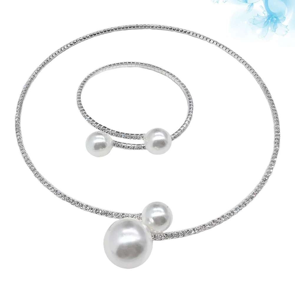 

2pcs Pearl Necklace Bracelet Set Silver Women Jewelry For Wedding Bride Birthday Anniversary Hand Chain Choker Fashion Accessory