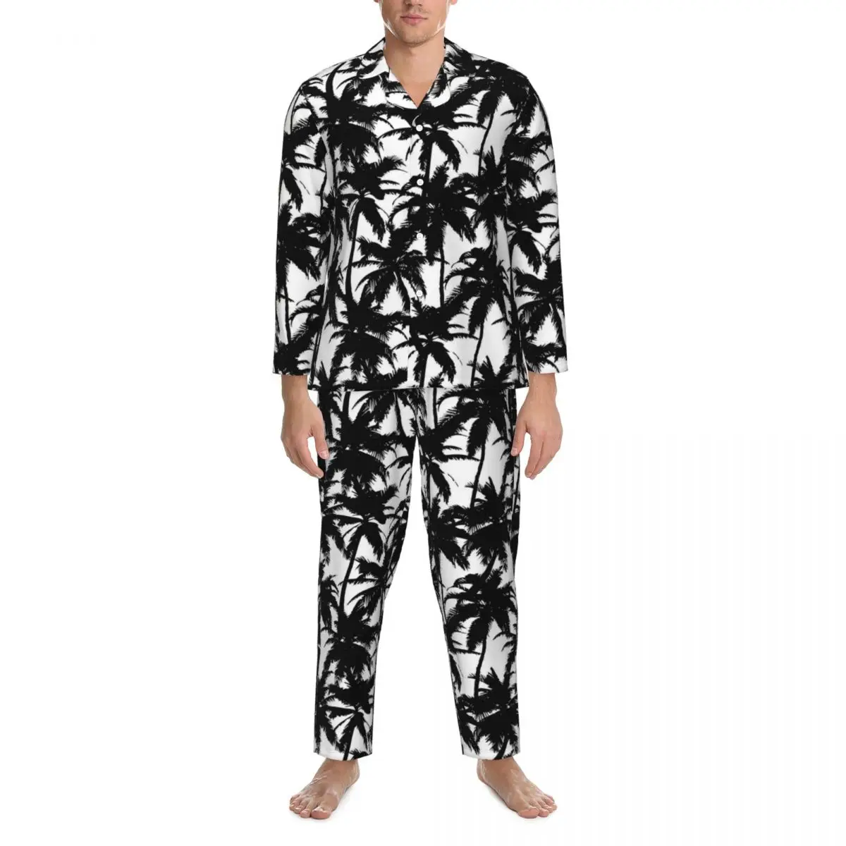 Piżama męska Vintage Palmy Print Sypialnia Bielizna nocna 2-częściowy luźny zestaw piżam z długim rękawem Kawaii Oversized Home Suit