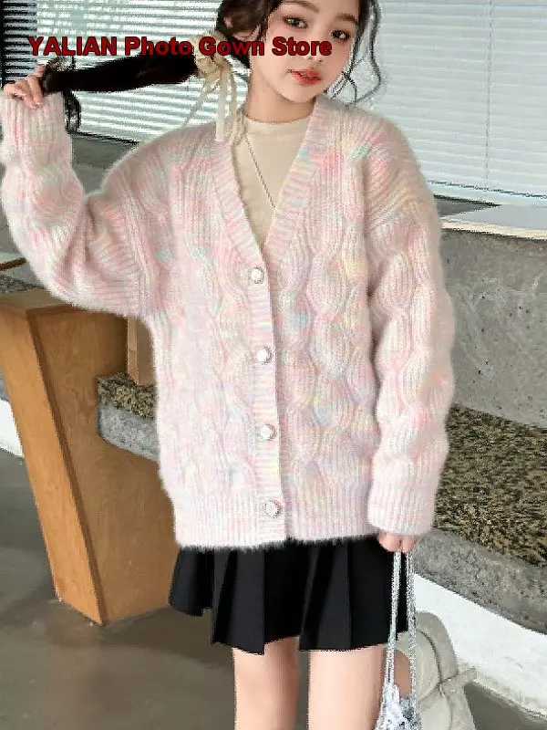 Girls Knit Cardigan Kids Autumn Winter Thickened Soft Sweater Older Kids