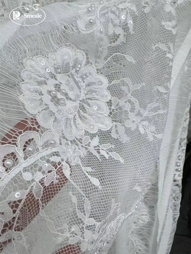 3 Yards Seilbestickter Perlenqualitäts-Weißer Perlenstickerei-Spitzenkopfschleier, Hochzeitskleid, Dekorative Accessoires, Handgemachtes DIY – Detail 5