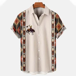 2023 Summer Cowboy Shirt For Men Vintage Ethnic Hawaiian 3D Print Clothes Casual Simple Short Sleeve Lapel Button Streetwear