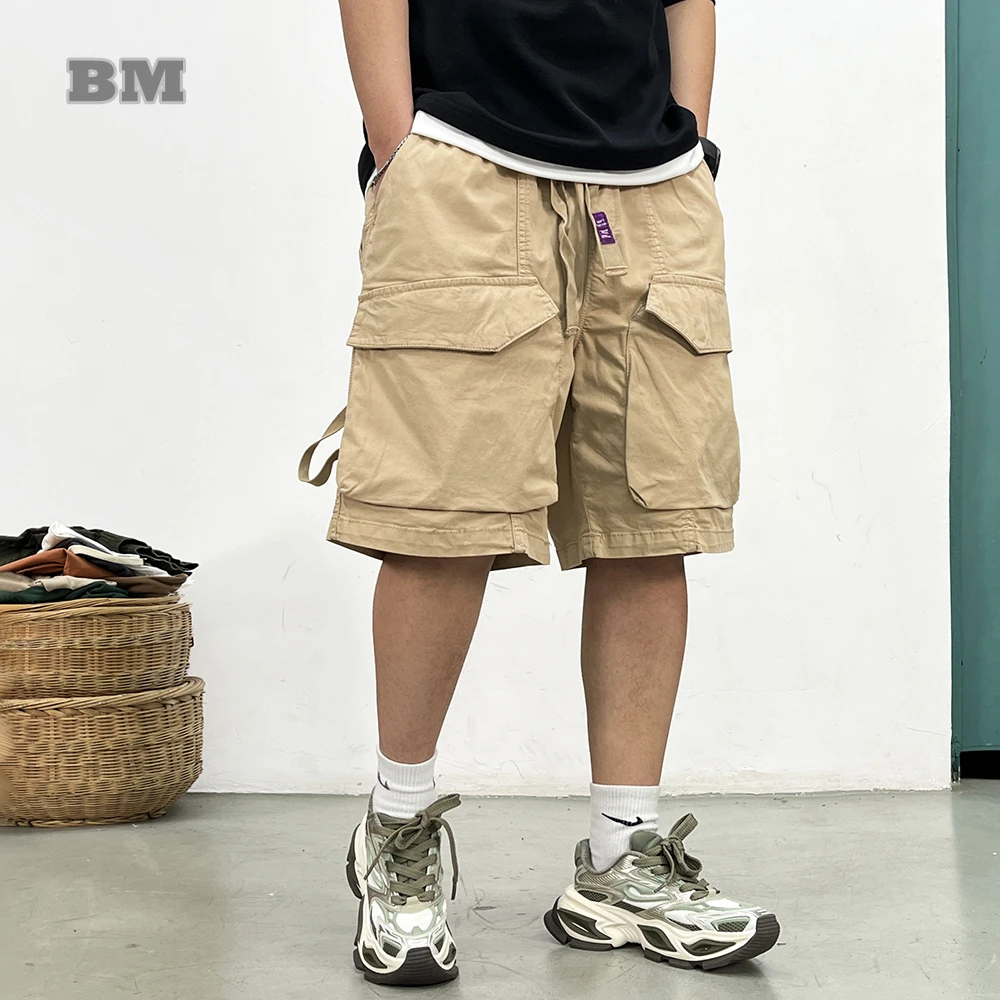 Japanese Style Washed Cargo Shorts For Men Summer Vintage Streetwear Baggy Large Pockets Oversized Plus Size Casual Pants Male