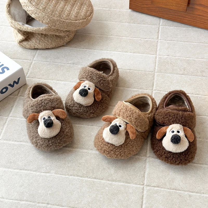2026 Children Fur Shoes Autumn Winter Kids Outwear Warm Velvet Shoes Boys Girls Slip-on Cute Dog Animal Shoes Khaki, Yellow