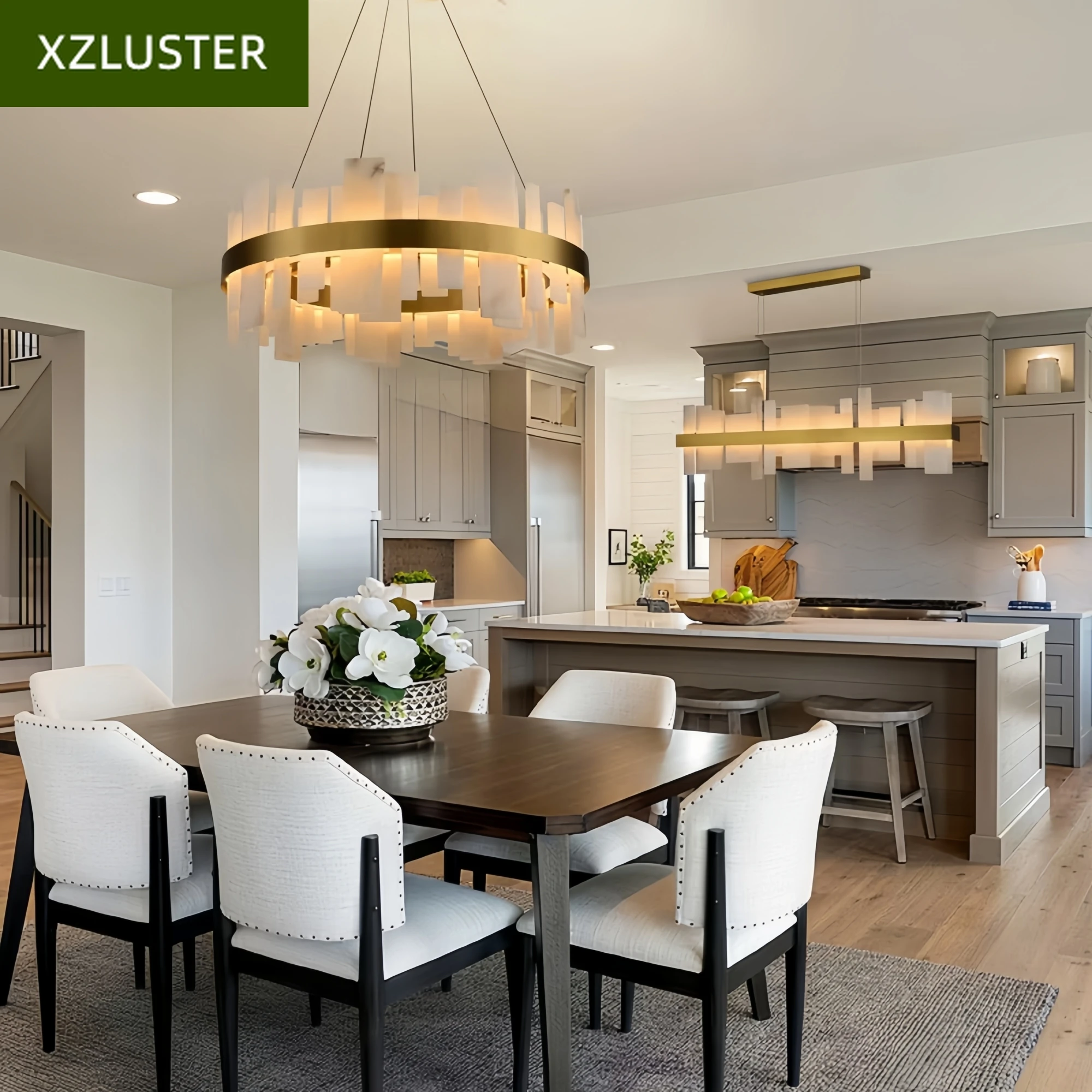 For Modern Alabaster Round Chandelier LED Gold Black For Dining Room Bedroom Bar Study Marble Pendant Lighting Fixture