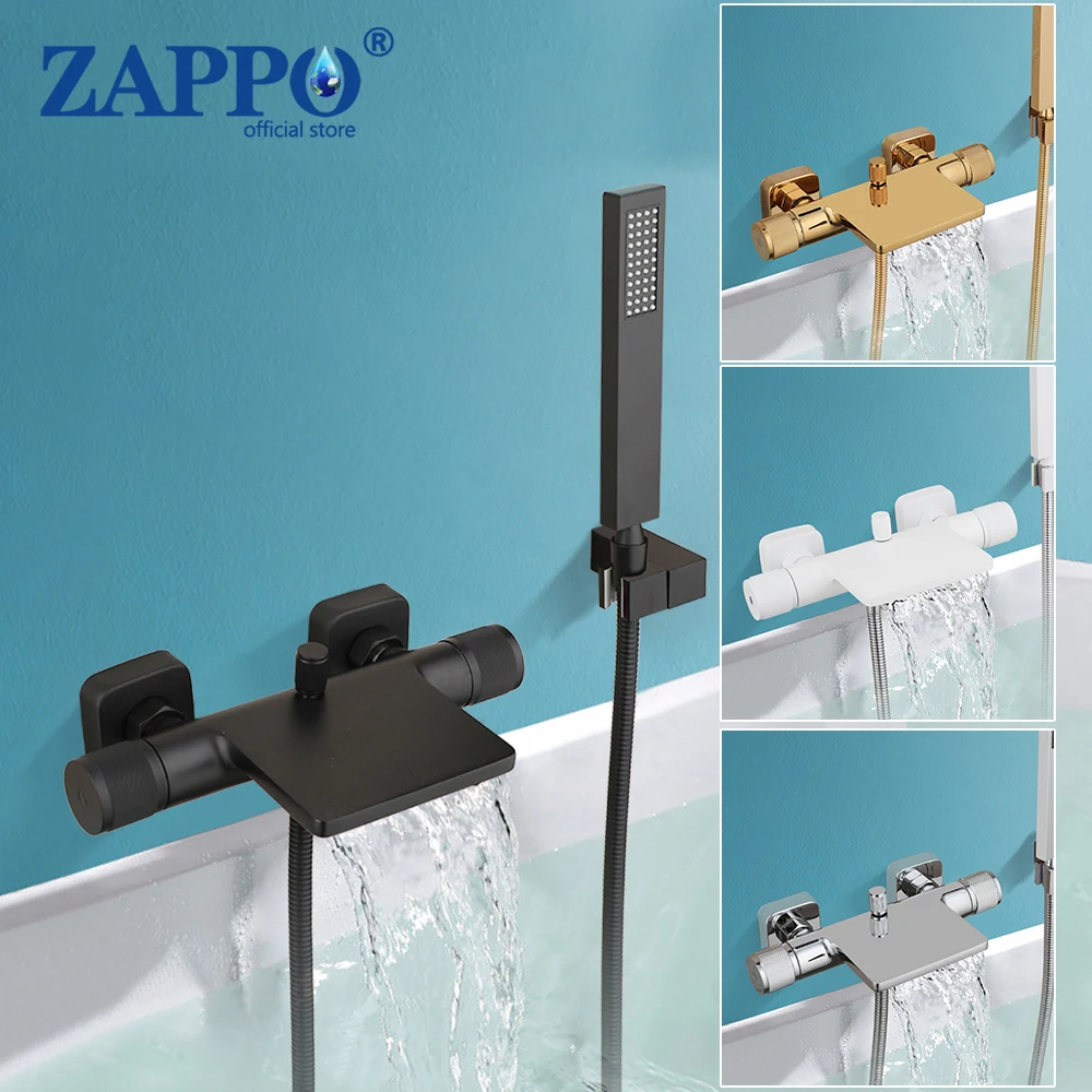 ZAPPO Matte Black Bathtub Shower Faucet Brass Waterfall Hot and Cold Water Mixer Tap Wall Mounted Bathtub Shower Systerm