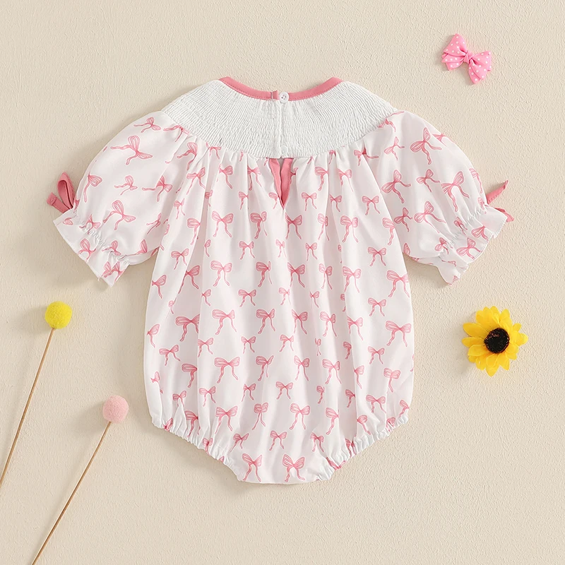 0-24 Months Baby Girl Summer Romper Short Sleeve Letter Embroidery Bow Print Smocked Bodysuit Newborn Playsuit