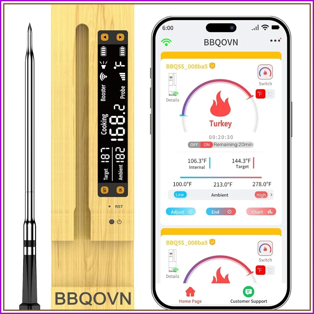 

WiFi Meat Thermometer, Unlimited Range, 7 Sensors, Smart Base for BBQ, Grill, Smoker, Oven