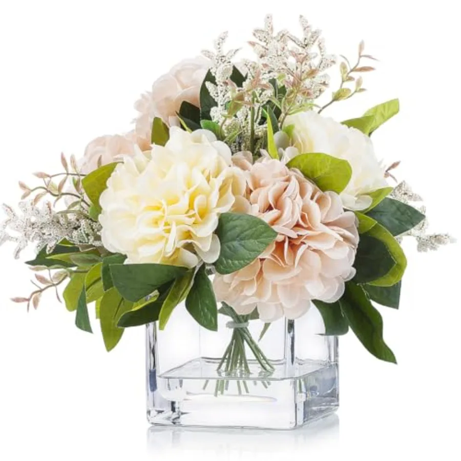 

Artificial Silk Flower Arrangement with VaseMixed Artificial Silk Dahlia Flower in Vase for Decoration Home Office Wedding Cent