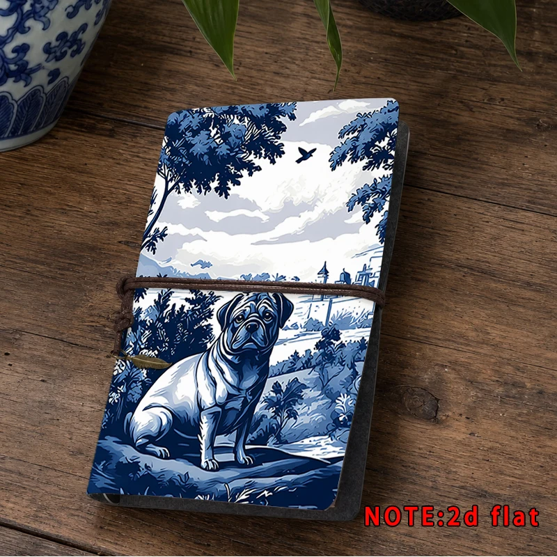 Blue White Porcelain Style Pug Dog Landscape Print Travel Notebook Travelers Journal Replaceable Refill Pocket Diary Pet Lover G