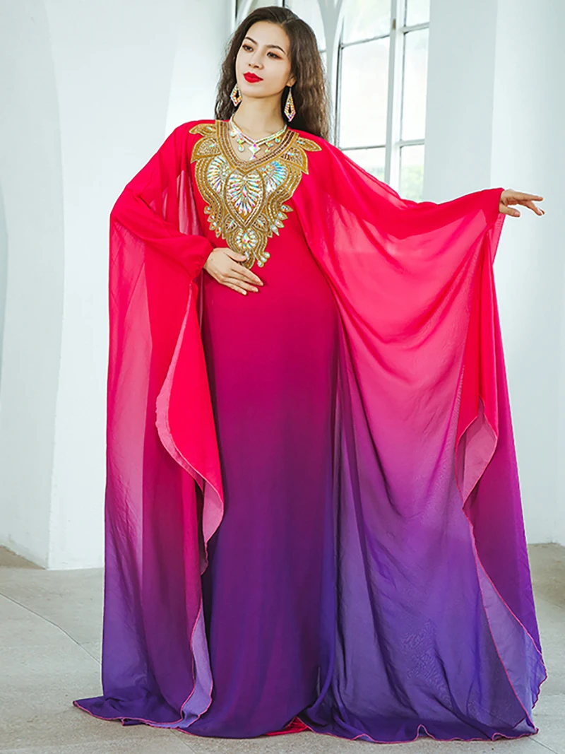 Gradient Belly Dance Robe Sequins Dress Long Sleeve Performance Clothes Female Adult Hair Flapping Robe Competition Clothing