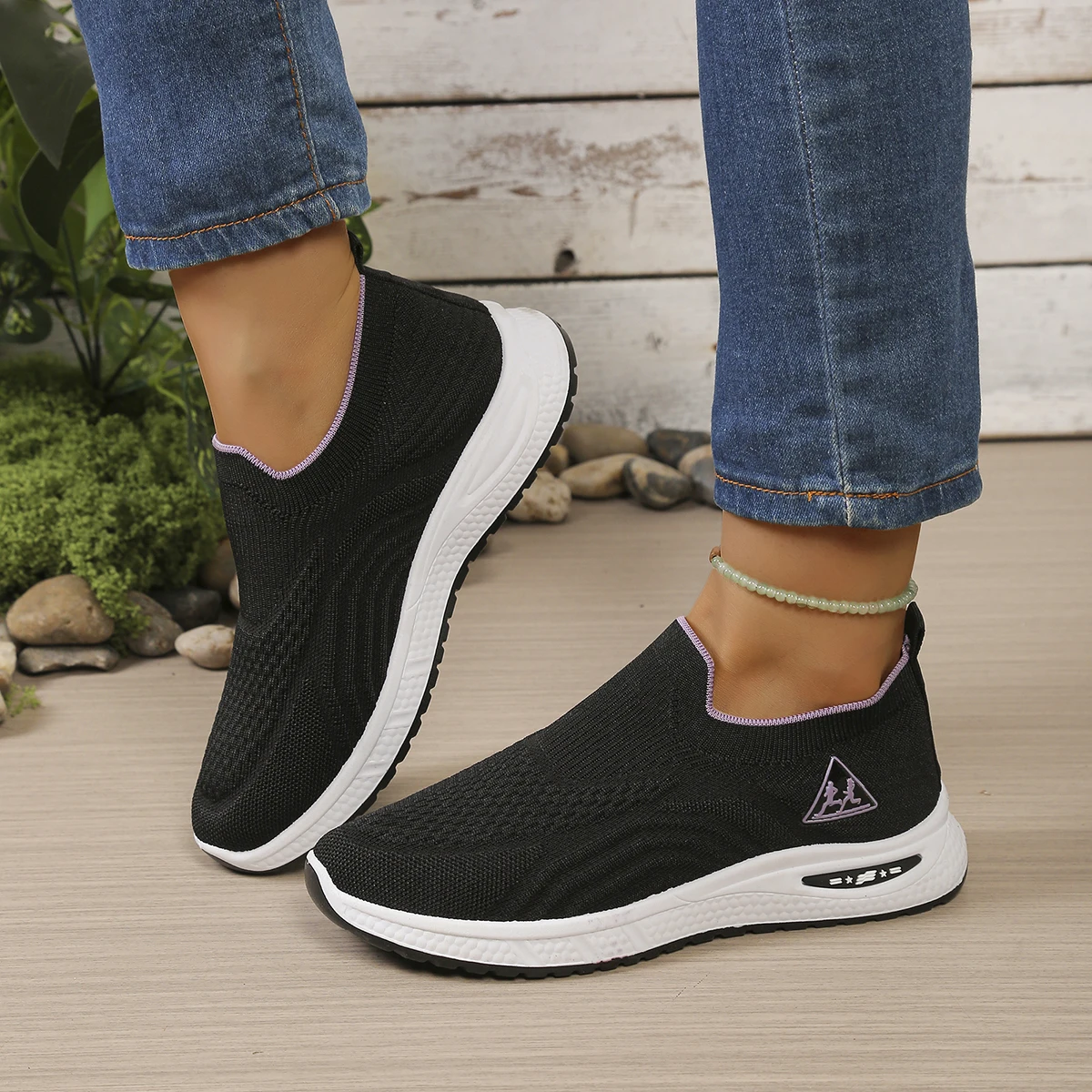Women's Wavy Hollow Mesh Slip-On Walking Loafers, Ribbed Collar Trim, Triangular Runner Side Badge, Daily Casual Footwear