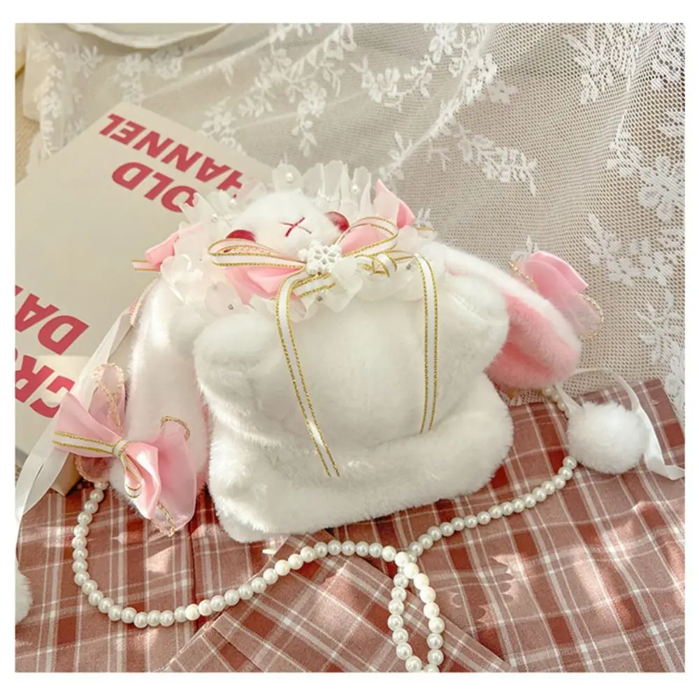 New Cute Bunny Plush Bag Lolita Element Shoulder Bag Kawaii Princess Sweet Pearl Chain Crossbody Bags Long-eared Rabbit Purse