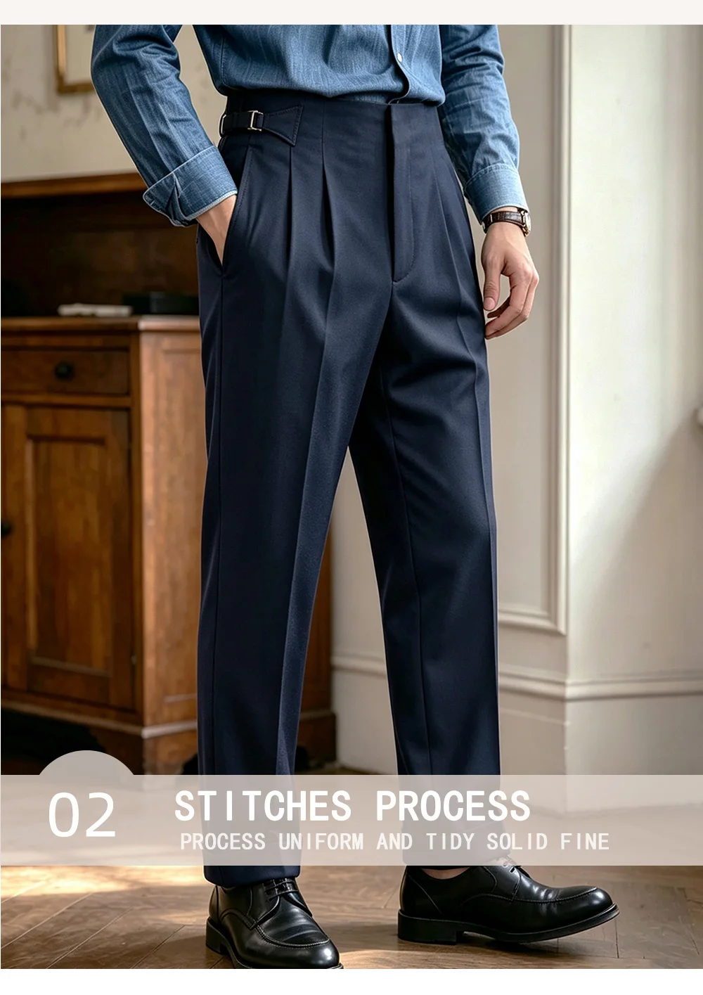 2026 Herbst-Winter Herrenanzughose im Neapolitan-Stil, Knopfleiste, hohe Taille, weites Bein, leichte Business-Formalhose für den Alltag – Detail 4