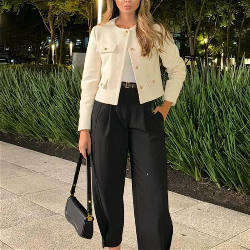 MUJER 2025 سترة تويد مقصوصة معطف نسائي بأزرار وأكمام طويلة سترات أنيقة للنساء معاطف قصيرة موضة جديدة في ملابس خارجية