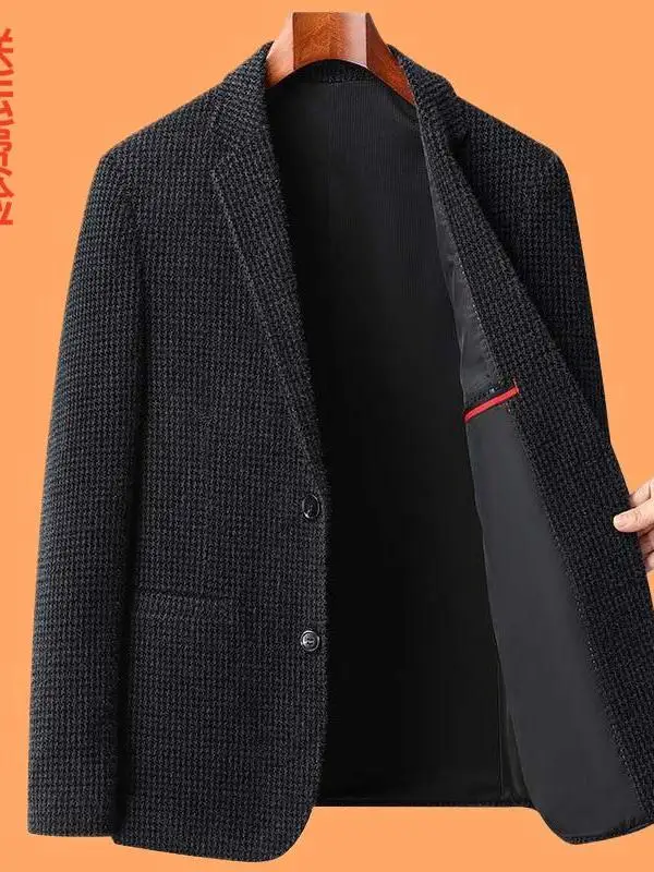 

Autumn Winter Thiened Nylon Men's Casual Suit Youth Slim Fit Iron Free Coat with Che Pattern Elastic Leisure Outerwear