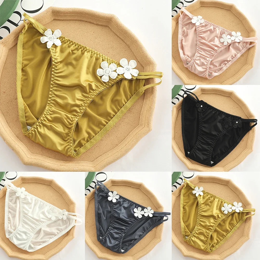 Sexy Women Briefs Smooth Satin Lingerie Silky Floral Embroidery Applique Panties Cute Breathable Low Waist Panties Summer New