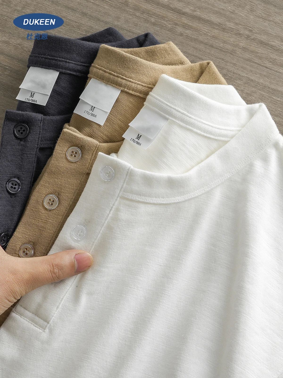 Dukeen 320g Heavyweight Henley Shirt for Men Short Sleeved Summer 100% Cotton Oversized White T Shirt Man Clothing