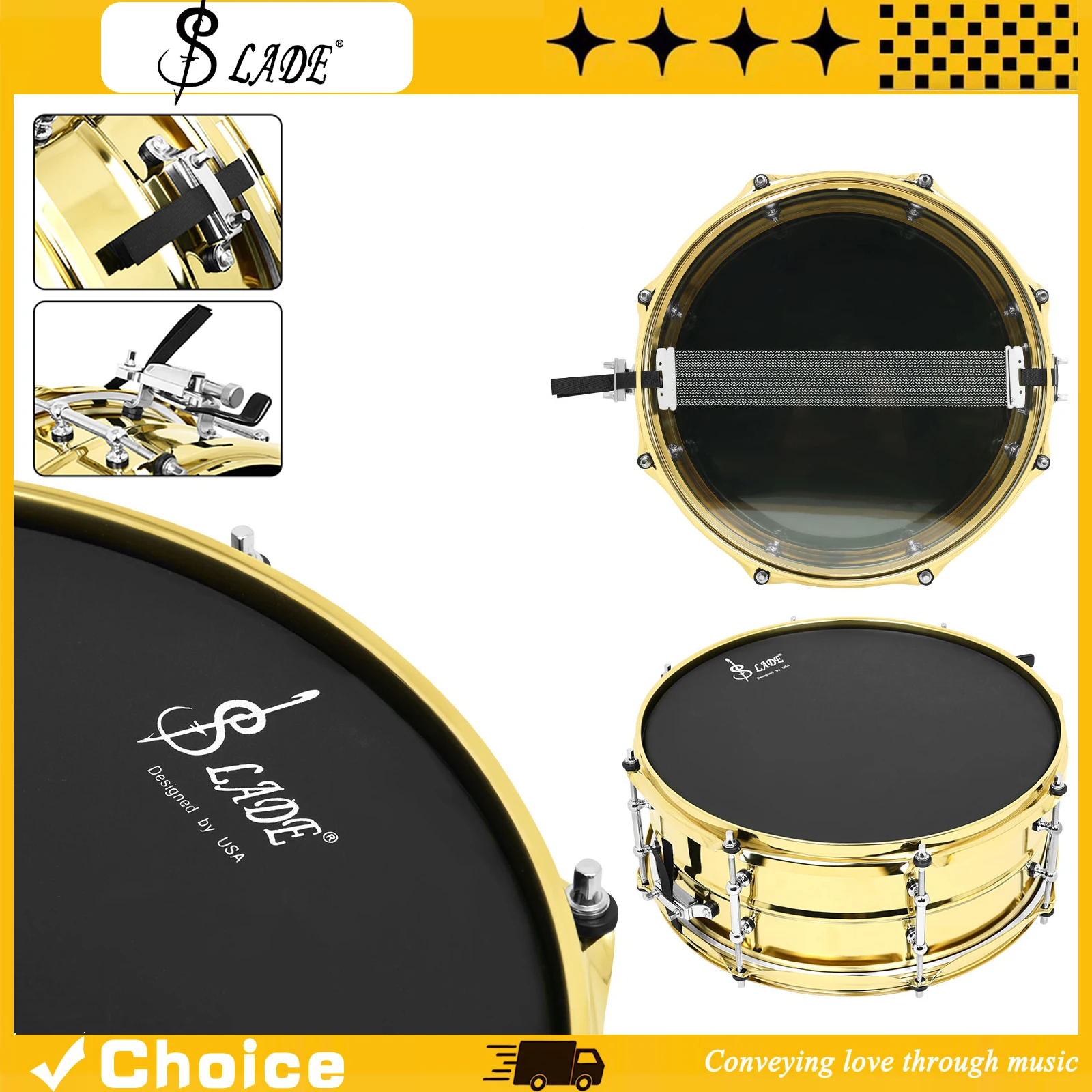 14x5.5 Inch  Snare Drum Matte Gold Stainless Steel Snare Drums Polyester Drum Skins High‑Quality Percussion Instruments