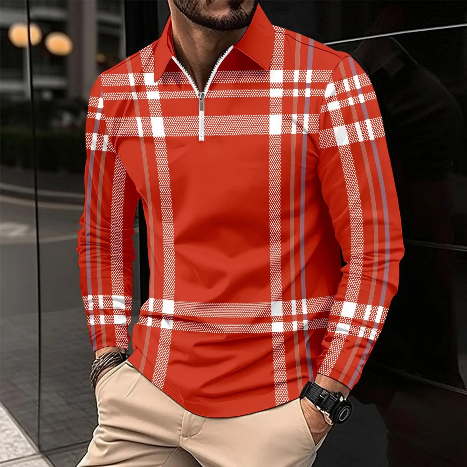 طويلة الأكمام مخطط منقوشة الرجال سحابات Polos تي شيرت ربيع الخريف ثلاثية الأبعاد مطبوعة الشارع الذكور بولو المحملة 6XL حجم كبير بلايز عادية