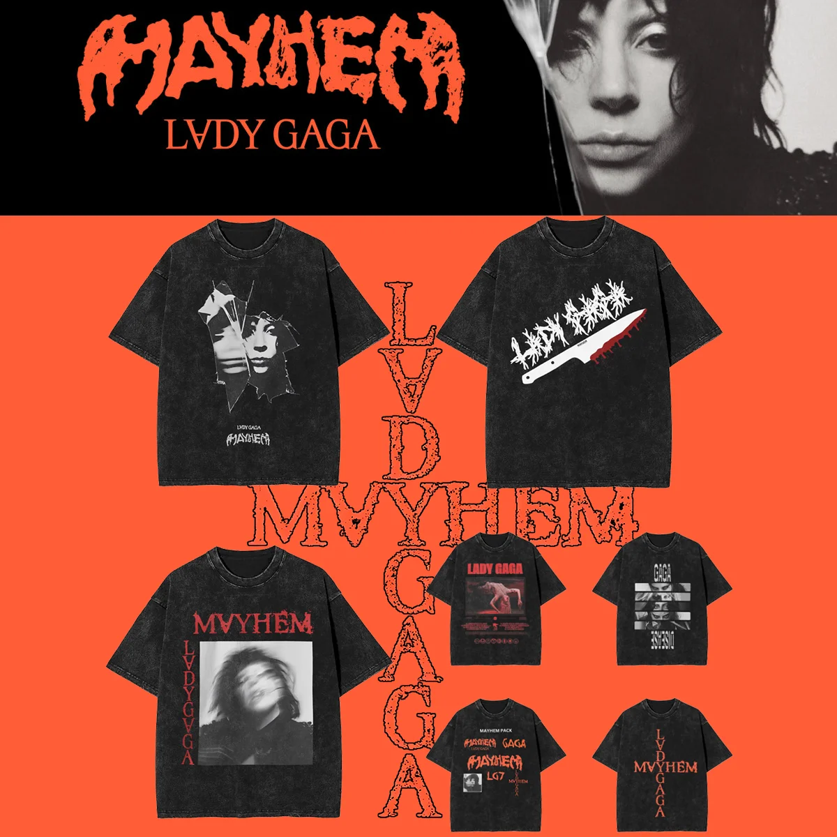 Lady Gaga Mayhem Album 2025 Men's T Shirt Washed Vintage Tee Shirt Short Sleeve Crew Neck T-Shirt Cotton Original Tops