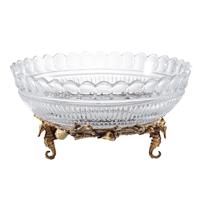 European luxury handmade brass engraved plate boy palm crystal candy plate metal fruit bowl