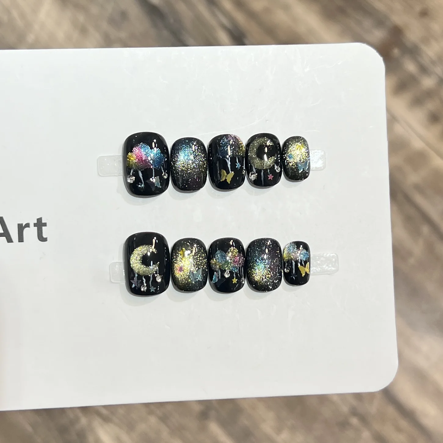 

10 шт., короткие черные накладные ногти ручной работы, блестящие красочные кошачьи глаза, луна, звезда, бабочка, дизайн, носимые, милые, крутые, накладные ногти для девочек